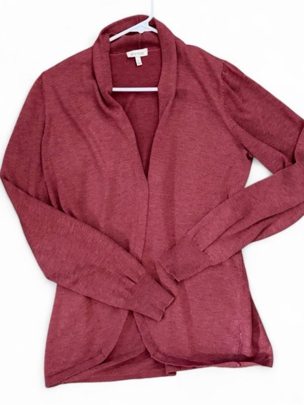 Ella Moss Open Front Cardigan Size L Burgundy Soft Knit Drape Collar